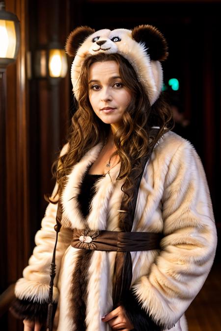 <lora:Helena_Bonham_Carter:1> 1woman, solo, mature hb1873c, , brown_hair, wavy hair, messy hair, panda costume ,  path , evening