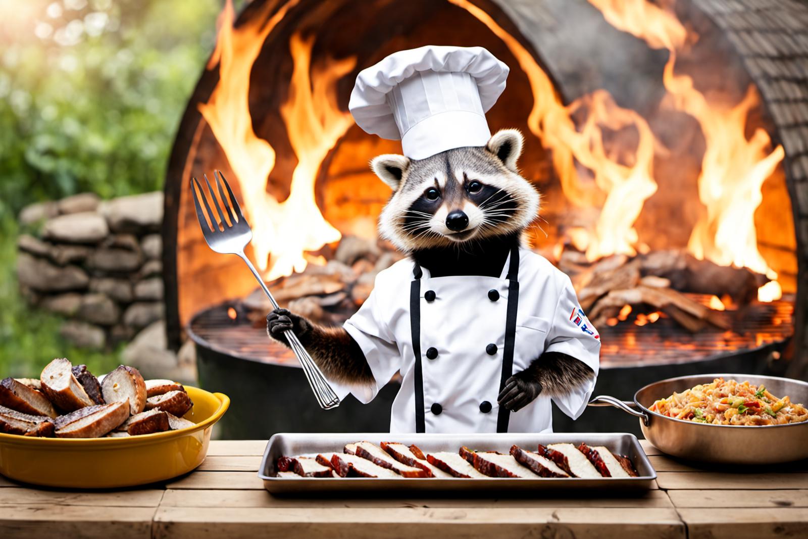 A Raccoon in a Chef's Outfit Cooking Sausages on a Grill