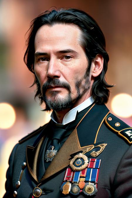 photo of (K34nuR33v3s-400:1), a men as a victorian general, (medium closeup:1.6), (face focus:1.2), modelshoot style, (extremely detailed CG unity 8k wallpaper), Intricate, High Detail, Sharp focus, dramatic, ((British Victorian uniform)), ((standing on 1890 london street)), (looking at viewer), (detailed pupils:1.2), (elegant uniform:1.2), (medal:1.2)