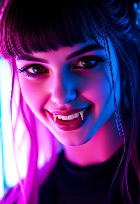 a portrait photo of an ethereal beauty, a cyberpunk girl bathing in neon light, her eyes are black as obsidian and a cruel smile plays on her lips, slightly exposing her pointy fangs,  as she is searching for her victim,