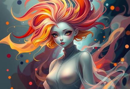 An enigmatic and fluid character with no defined hair, but instead a flowing aura of vibrant colors. Her eyes are abstract shapes that seem to change and shift. She wears a minimalist outfit made of translucent materials that blend seamlessly with her surroundings. She is positioned in an abstract digital environment where shapes and colors shift and swirl dynamically, with no clear reference point. Her expression is elusive and mysterious, embodying the essence of abstract art. The overall feeling is enigmatic, chaotic, and full of visual fluidity.