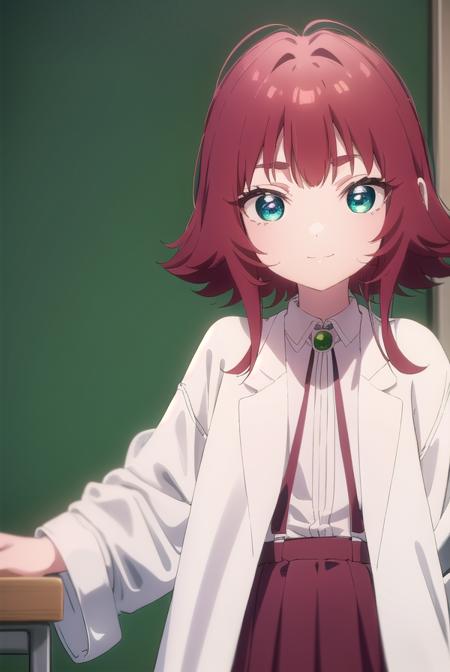 kusuriyakuzen, <lora:kusuri yakuzen s1-lora-nochekaiser:1>,
kusuri yakuzen small, short hair, (green eyes:1.3), white shirt, red hair, pleated skirt, socks, collared shirt, black skirt, neck ribbon, suspenders, antenna hair, black socks, (labcoat:1.2), suspender skirt, female child, smile,
BREAK ,
BREAK indoors, classroom,
BREAK looking at viewer, (cowboy shot:1.5),
BREAK <lyco:GoodHands-beta2:1>, (masterpiece:1.2), best quality, high resolution, unity 8k wallpaper, (illustration:0.8), (beautiful detailed eyes:1.6), extremely detailed face, perfect lighting, extremely detailed CG, (perfect hands, perfect anatomy),