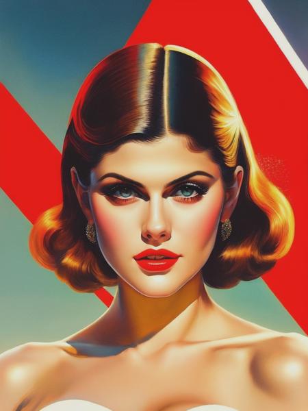 <lyco:RolfArmstrong:1.0> Alexandra Daddario looking in camera, painting in the style of emiliano ponzi, rolf armstrong, light amber and red, eric canete, poster, delicate chromatics