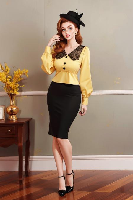 y3ll0wr3tr0,black skirt,yellow shirt, long sleeves,hat