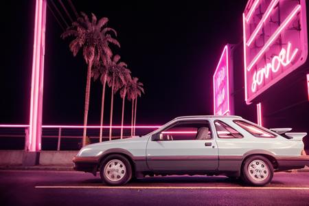 analog gloomy photo of a black Ford Sierra car, <lora:s13rr4:1>, racing down a neon highway at night, outrun, synthwave, retrowave, purple sky, traces of pink and cyan lights, palm trees, flamingos, High Detail, Sharp focus, ((photorealism)), realistic, best quality, 8k, award winning, dramatic lighting, epic, cinematic, masterpiece