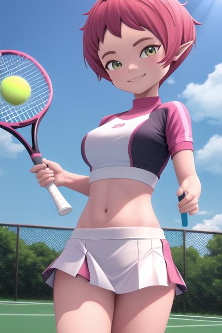 solo, aelita, medium breasts, wide hips, playing tennis, tennis uniform,  narrow waist, mature female, smile  <lora:Aelita evo:.6> , tennis court, holding tennis racket,