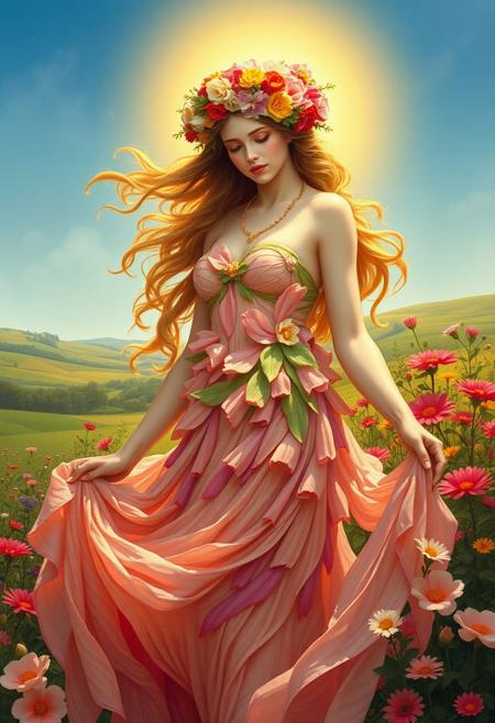 Masterpiece. An image of the goddess Flora, the Roman deity of flowers, spring, and renewal. She is depicted as a graceful figure with flowing hair adorned with a crown of vibrant blossoms. Her attire is a flowing, ethereal dress made of petals in shades of pink, green, and gold, symbolizing the abundance of nature. Surround her with a lush garden filled with colorful flowers in full bloom, and a soft golden light that enhances the scene's magical and serene atmosphere. The background should include rolling meadows and a clear blue sky. Fine art, Preraphaelite, Waterhouse, Rossetti, best quality, intricate details, ultra details, good lighting, vibrant colors, very detailed,