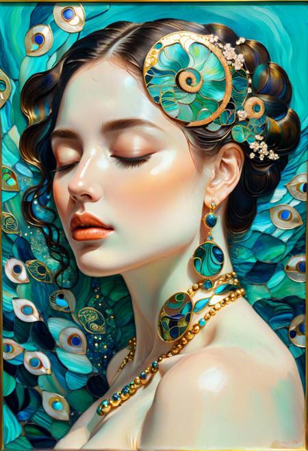 a painting of a woman with her eyes closed, a detailed painting, inspired by Gustav Klimt, trending on deviantart, cloisonnism, glowing hue of teal, paua shell, mucha style 4k, stone and glass and gold, abstract figurative art, ocean, instagram art, resting, stained , illustration, masterpiece.