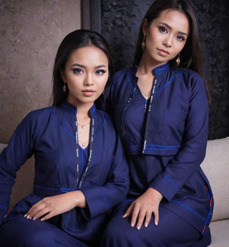 photoshoot in the style of Met-Art,dark fantasy,perfect face,perfect eyes,seduction,Navy Blue Kebaya Rokiah clothing,2girls,lounge
 <lora:Navy Blue Kebaya Rokiah_clothing-000007:0.7>