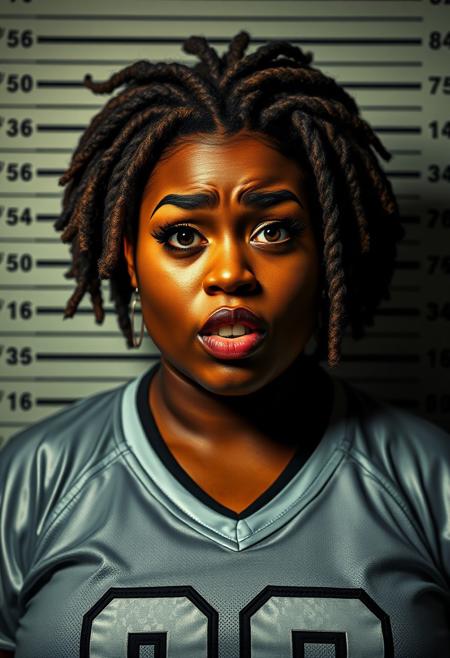 A striking and edgy digital artwork portraying a rebellious caramel skinned fat female character during a police mugshot. The character is depicted with a scared and frightened demeanor. She stands against the typical height chart background found in police stations, with her height marked on the wall behind her. The setting is gritty and urban, enhancing the overall rebellious vibe of the image.
She has soft, chubby features, emphasized by her big full hair styled in dreadlocks. Her chestnut eyes are bold and heavily lined with dark winged makeup, adding concern to her already apologetic expression. Her high cheekbones and defined jawline are highlighted by the shadowing, making her appearance even more striking. She has wide toothy smile. 
She is dressed in a cropped Silver and Black football jersey, giving her an innocent girl next door aesthetic. 
The image is a perfect blend of punk, rebellion, and dark humor, encapsulating the character's defiant and fearless attitude