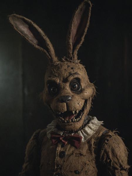photograph A creepy and mysterious Five Night's at Freddy's  character creature,  set against a dark background. The prompt could be: "A haunting, surreal portrait of a ghostly, anthropomorphic Five Night's at bunny character , 4k epic detailed 4k epic detailed photograph shot on kodak detailed cinematic hbo dark moody, 35mm photo, grainy, vignette, vintage, Kodachrome, Lomography, stained, highly detailed, found footage, A creepy and mysterious Five Night's at bunny character creature, , set against a dark background. The prompt could be: "A haunting, surreal portrait of a ghostly, anthropomorphic Five Night's at Freddy's character , in the style of dark fantasy or gothic horror art.", pure composition, dramatic atmosphere