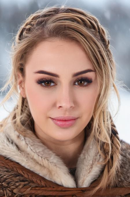 (medium-wide shot, upper body), beautiful woman Lya Missy, subtle smile, brown eyes, as a viking warrior queen, hyperdetailed photography, ultrasharp, soft light, dramatic ambience, cold winter morning, bokeh, ember <lora:Lya_Missy_SDXL:0.95>