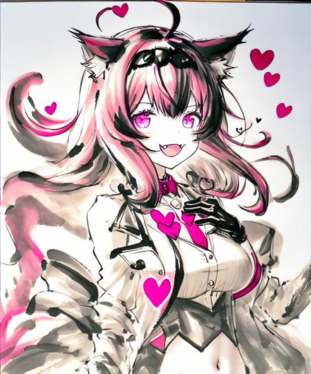 1girl, inkwash,
1girl, long hair, solo, pink hair, pinkeyes, looking at viewer,
cat girl,ahoge, animal ear fluff, limited palette, gloves,shirt, tie, spoken heart, medium breasts, meme attire, pink hair, short hair, collar, stomach, cat tail, depth of field, bangs, :d, white jacket, eyewear, smile, fang ,sunglasses, heart-shaped pupils, gradient background, shade, wind
<lora:inkwash:1.1>