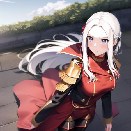 1girl, highres, masterpiece, ((edelgard von hresvelg)), fullbody, standing, detailed face, perfect face battlefield, medieval, anime style, upper body, armor, garreg mach monastery uniform, black uniform