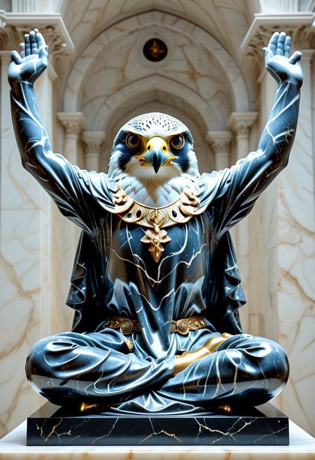 SFW,(score_10, score_9_up, score_8_up, score_7_up,), Stable_Yogis_PDXL_Positives, cinematic, ArsMovieStill, dark fantasy art style, in the style of MarbleStatueXL, Marbleized, a statue of a batfalcon made entirely in stunning liquid marble, ( human body with the big head of a Peregrine Falcon:1.2), (((the falcon head is made of marble:1.3))), with a gothic armor made entirely in stunning liquid marble textures. the beauty and fluidity of liquid marble. white eyes, liquid marble texture, 
BREAK
(((sitting cross-legged on stone, raises both arms above the head in a V shape with the palms facing outward ))), soft lighting, masterpiece, extreme detail, HD, statue, sculpture, indoor, low contrast, good posture, masterpiece, best quality, amazing quality, very aesthetic, absurdres, newest, <lora:Batfalcon:1.5>, <lora:peregrine falcon:1.1>, <lora:MarbleStatueXL:.75>