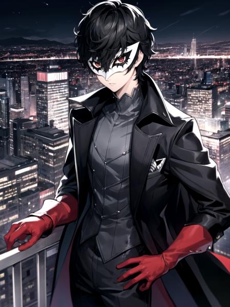 masterpiece, best quality, 1boy, solo, dsjoker, black hair, short hair, red eyes, mask, high collar, black coat, long sleeves, pants, red gloves, standing, against wall, cityscape, city lights, night, cowboy shot
<lyco:dsjoker-v2_lc_768:1>