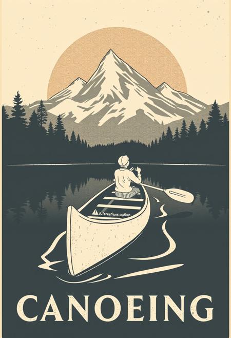 graphical art, canoe, poster design, text "Canoeing", vintage retro style, art deco, travel poster, canoeing, monochrome
