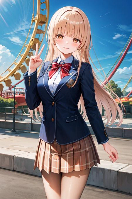 masterpiece, best quality, highres, aamahiru, long hair, red bowtie, blue jacket, blazer, long sleeves, plaid skirt, brown skirt, pantyhose, <lora:shiina_mahiru_v1:0.7>, peace sign, amusement park, smile, standing