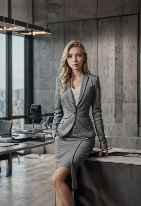 ((a beautiful woman in a office, cross_leg sitting on desk, 
High heel, dark gray and white color Palette, urban city  window view)), 
modern interior design, cyberpunk, 
Recliner|Dressing table|Table lamp|Screen|Monitor|Signboard_Details,
Metal|Glass|Leather|Textiles|Carpet|Pillow_Texture,
perfect blonde hair, 
(modern photo, fashion dress up:1.1), 24mm, (analog, cinematic, film grain, hazy atmosphere, detailed eyes, (seductive), (epicPhoto), (looking at viewer), (cinematic shot:1.3),
great lighting, extremely detailed, zoya, happy, impressionist painting, office