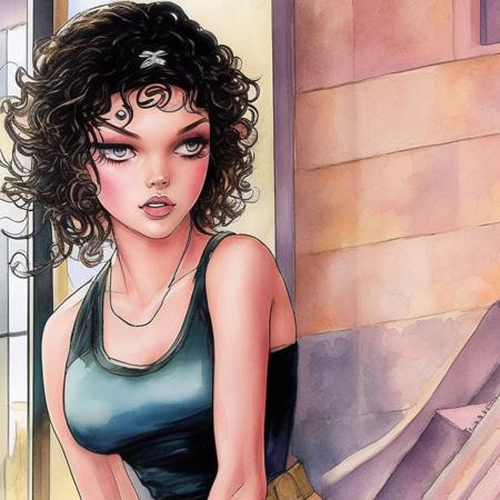 painting of a cute girl, standing next to a window, art by milomanara-768