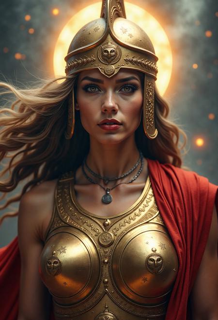A powerful waist-up portrait of a divine warrior woman, reimagined as a modern embodiment of Athena or Diana, glowing with ethereal gravitas. She wears a gleaming bronze chestplate embossed with ancient sigils—owls, crescent moons, and labyrinthine keys—crafted to accentuate both strength and femininity. Her full-face Corinthian helmet, burnished and radiant, is slightly tilted back to reveal a chiseled visage: luminous olive-toned skin, deep-set dark eyes adorned with smoky eyeshadow, and bold red lips that smolder with silent authority. Her thick, wavy hair flows in strands of dark gold and midnight, caught in a celestial breeze that stirs the edges of her crimson cape. The background is an abstract tapestry of shadows and stormlit textures—blues, blacks, and muted golds—evoking chaos and divinity. Subtle embers and sparks float around her, adding a touch of mythic fire. The overall style is photorealistic with a movie-poster gloss finish: ultra-sharp detailing, lens flare highlights, and high-contrast cinematic lighting that bathes her in a divine, battle-hardened aura