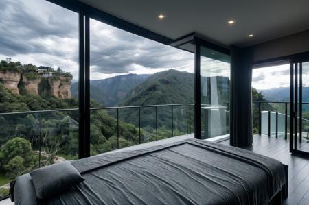 black modern villa into the montain, on the edge of a cliff surrounded by waterfalls, cloudy weather, intricated architecture, view from outside, 
(masterpiece),(high quality), best quality, real,(realistic), super detailed, (full detail),(4k),8k,pool, window, no humans, scenery, indoors,<lora:å·è°_Cool tones:1.0>