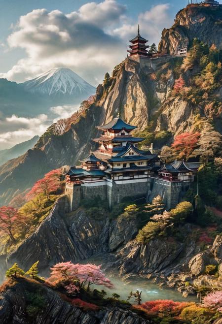 their peaks veiled in mist. mixed media, surrealism, Japan, great lighting, A surreal landscape highly detailed . extremely high-resolution details,  appears trapped in an optical illusion of reflections and refractions colorful , Japanese castles built on mountains, professional photography, natural lighting, volumetric lighting maximalist. intricately detailed, complex, elegant, expansive, fantastical, film photography style,  medium grain