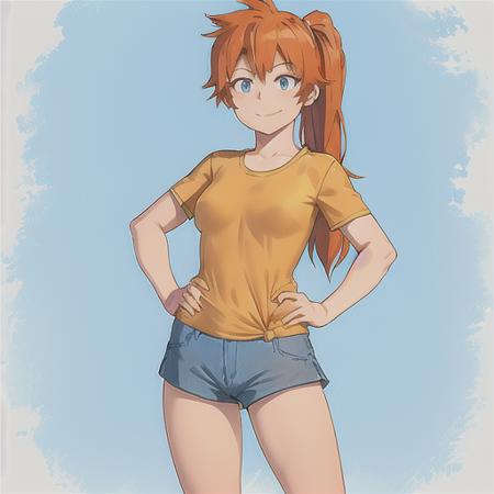 itsuka kendou, 1girl, solo, long hair, breasts, looking at viewer, smile, blue eyes, simple background, shirt, white background, closed mouth, ponytail, short sleeves, cowboy shot, shorts, orange hair, hands on hips, side ponytail, short shorts,  blue shorts, yellow shirt, <lora:ItsukaKendoLoRA-10:0.6>