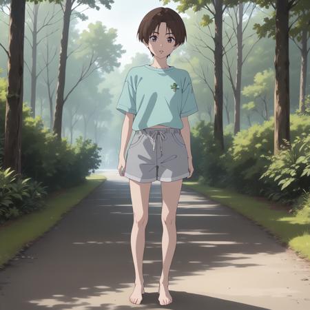 ChisatoDojima,1girl,brown hair,short hair,brown eyes, aqua shirt,short_sleeves, gray shorts, barefoot,