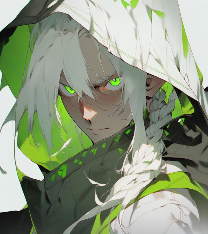 anime boy with white hair and green eyes