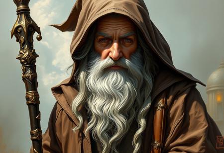 Create a highly detailed, cinematic digital painting of a majestic, elderly wizard inspired by Sean Harris's portrayal of the character. The artwork should blend the mystique of Solarpunk, the elegance of Lord of the Rings, and the intricate details of Milton Menasco's, Jean Moebius Giraud's, and Artgerm's styles. The wizard should wear long, flowing brown robes and hold a staff, exuding an aura of mystic shepherding. Incorporate oil painting techniques and maintain sharp focus throughout. Ensure the artwork is symmetrical, with an emphasis on the upper body and headshot, akin to a character concept art piece for D&D. The final image should be of high quality, suitable for trending on Artstation and evoking a sense of fantasy. Refer to previous outputs and build upon the generated context to refine the artwork. Iterate and refine the piece until it meets the desired level of detail and realism.