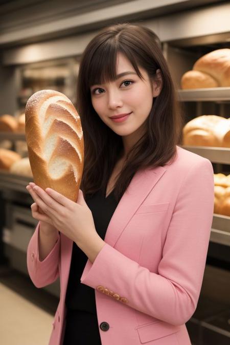 photo realistic, masterpiece, best quality, studio lighting, solo, jmc <lora:jennettemccurdyV01:1>, <lora:polyhedron_skinny_all:.3>, pink suit, holding a ((bread,puff)) (Urn) with ((two hands)) , light smiling ,  blonde highlights with bangs , bakery background,(looking at viewer, realistic eye and face details),film grain:1.5, Kodak Max 400 Film), (nsfw:1.2)
