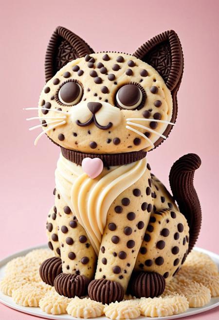 a cat made entirely of creamy cookie dough, smooth creamy texture, soft baked details, chocolate chip patterns on fur, golden brown tones, highly detailed, soft lighting, dreamy atmosphere, pastel background, cute pose, hyperrealistic, ultra detailed, whimsical style, delicious appearance, dessert-themed character