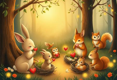 Create an illustration that captures the whimsy and warmth of animal affections. Depict a variety of creatures—such as rabbits, foxes, owls, and squirrels—exchanging tiny heart-shaped tokens made of leaves, berries, or twigs. Some animals can be seen crafting cozy nests together, using soft moss, feathers, and flowers, nestled in tree hollows or burrows. The setting is a magical woodland bathed in the golden glow of twilight, with fireflies gently illuminating the scene. The atmosphere should feel tender and enchanting, evoking a sense of love and companionship in nature.