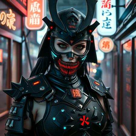  A photorealistic full-body vertical portrait of a fierce goth vampire samurai girl with pale skin and sharp, aggressive features, set in a dystopian Neo-Tokyo inspired by Blade Runner. She has intense goth makeup with heavy black eyeliner and dark eyeshadow, and a cold, defiant gaze. Her mengu mask is gothic and futuristic, with skull motifs, spiked edges, and glowing engravings in neon red and electric blue. Her samurai armor blends tribal and cyberpunk influences: black carbon fiber plates, crimson LED accents, turquoise circuitry, and angular, tech-enhanced design elements. She stands confidently in a rain-slick neon-lit alley, surrounded by holograms, mist, and glowing kanji signage. The atmosphere is dark, cinematic, grainy like 16mm film, and full of cyberpunk tension. No text or letters appear in the image.   The atmosphere is moody and cinematic, with soft bokeh, dramatic lighting, and a grainy 16mm film look. Highly detailed, rich in emo and goth influence, with no text or letters in the image.

Simulating Kodak Ektacolor Pro 160, with a custom white balance at 5500K. cinematic lighting, analog film, film grain, kodak chrome, cool cinematic tones,high contrast, sharp details, with moody lighting that adds depth,. (cinematic atmosphere:1.3), deep photo, depth of field, (black hair)), , (ambient occlusion), (cinematic lighting:1.3), (4K image quality:1.3), (sharp detail:1.3), (highly realistic:1.3), (dim warm cinematic lighting:1.3)
