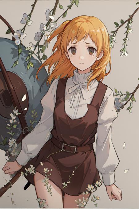 masterpiece,best quality,1girl, solo, looking at viewer,<lora:Rakishu-000035:0.6>,long sleeves, brown eyes, belt, orange hair, white shirt, flower, tears,simple background