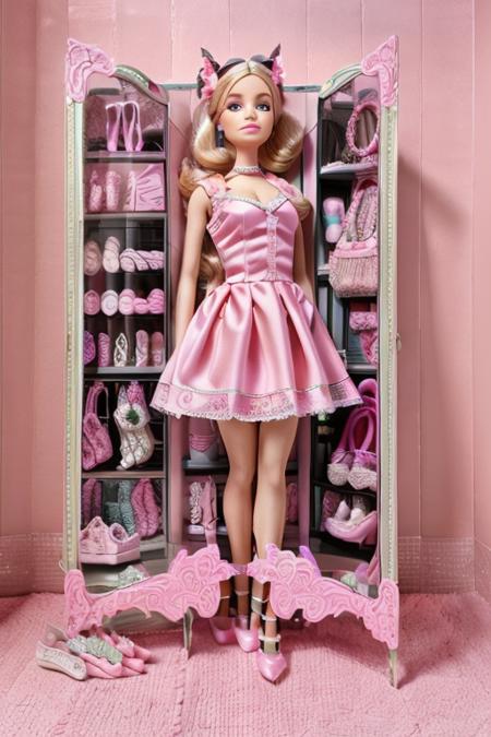 Ultra high resolution, high resolution, (masterpiece: 1.4), hyper-detail, 1girl, (inboxDollPlaySetQuiron style), full body, no humans, doll, toy, barbie, in a gift box, character print,  middle length hair, blight blue eyes, (((wearing a detailed pink theme client  outfit and matching accessories:1.5))), pink sparkles, sprinkles, barbie pink color theme, beautiful female barbie, full lips, parted_lips, heavy make-up, smoky eyes, detailed eyes, pretty face,3DMM,inboxDollPlaySetQuiron style, maleficent, (Anne Hathaway), <lora:quiron_inboxDollPlaySet_v2_lora:1>,