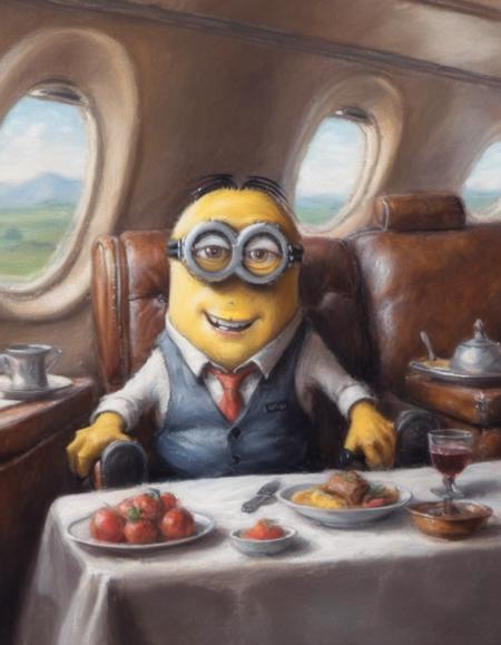 drawing with pastels a realist depiction of a minion sitting on a luxurious leather seat in a posh private jet with a table set for a small feast