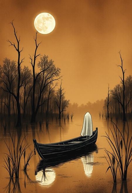 linquivera,  Ink illustration, (anime:0.5), brown tones, aged black red paper, inkpunk, moonlight,surreal, a ghost standing on a boat in swampy wetlands, (at a distance), Will-o'-the-wisp, moonlit, lonely, solitude, windy, tall trees, willows, willowy,  OverallDetail, extremely detailed, UHD,(long exposure , dystopian but extremely beautiful:1.4),<lora:- SDXL - letitflrsh_let_it_flourish_V1.0:0.8> ,<lora:Cute_Collectible:1>, <lora:XL_boss_battle:0.6>  <lora:add-detail-xl:1>,  <lora:Concept Art Twilight Style SDXL_LoRA_Pony Diffusion V6 XL:1>,  <lora:MJ52:1>