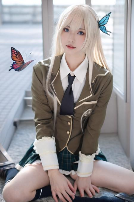 best quality, masterpiece, Highly detailed, extreme detail description, Professional, (EOS R8,50mm,F1.2,8K,RAW photo:1.2), 1girl, <lora:neg4all_bdsqlsz_V3.5:1>, <lora:kashiwazaki Sena_v1_07:1>, kashiwazaki Sena, solo, cosplay, st. chronica academy school uniform, blue eyes, blonde hair, long hair, large breasts, bangs, black socks, loafers, kneehighs, plaid skirt, butterfly hair ornament, green skirt, jacket, necktie, long sleeves, pleated skirt, blazer, khaki shirt, lace trim,