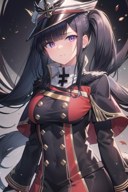 peterstrasser, <lora:peterstrasser-lora-nochekaiser:1>,
peter strasser, black hair, hair over one eye, long hair, one eye covered, (purple eyes:1.1), twintails,
BREAK armored boots, black coat, black footwear, black ribbon, boots, buttons, cape, coat, fur trim, fur-trimmed cape, gloves, hat, high heels, military hat, peaked cap, red cape, ribbon, stiletto heels, white gloves, white headwear,,
BREAK looking at viewer,
BREAK indoors,
BREAK <lyco:GoodHands-beta2:1>, (masterpiece:1.2), best quality, high resolution, unity 8k wallpaper, (illustration:0.8), (beautiful detailed eyes:1.6), extremely detailed face, perfect lighting, extremely detailed CG, (perfect hands, perfect anatomy),