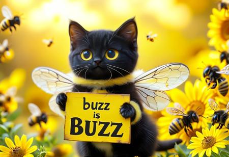 photorealistic 
a cute kitten with black fur, kitten is wearing a bee costume with bee wings,(((bees holding a sign that says "Buzz Buzz"))), sign thay says "Buzz Buzz", smile, yellow lightning, blue lightning 
1cat
highly detailed, aesthetic, great lighting, extremely detailed, award winning, perfect composition, a rich and complex image of nature, a vibrant tissue of hues and textures captured digitally, best quality, realistic, captivating, intricately detailed, hyper detailed, maximalist style, photorealist, sharp focus, dynamic lighting, superb composition, finest details, highest aesthetics, best quality, sharp focus, high contrast, stylized, clear, colorful, ultra quality, 8k, best quality, masterpiece,midjourneyv6.1
AP, no humans, animal focus, cat ,looking at viewer, animal,