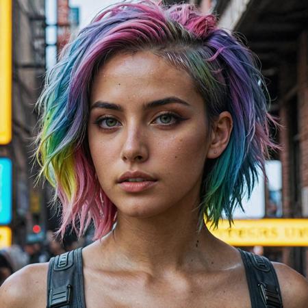 epic realistic, DV_Karah_Vicious, cyberpunk lanscape, ultra realistic, cinematic lighting, ultra detailed, detailed gorgeous face, beautiful girl, olive skin, medium length rainbow hair, simetric face, good anatomy, deusamelada, (Masterpiece:1. 3), (best quality:1. 3), <lora:add_detail:0. 4> <lora:epi_noiseoffset2:0. 4> <lora:hairdetailer:0. 6> <lora:more_details:0. 3> <lora:add-detail-xl:1. 2> <lora:DetailedEyes_V3:1. 2> <lora:sd_xl_offset_example-lora_1. 0:1. 2>, (natural skin texture, hyperrealism, soft light, muted colors), background, rutkowski, rim light
