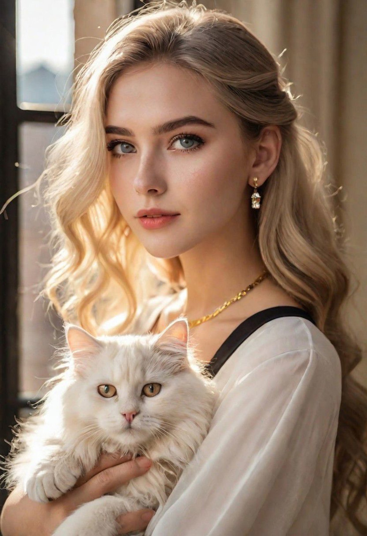 (1girl:1.15) holding a dark black cat in her arms, beautiful fluffy cat, girl has very long voluminous fluffy white hair, ...