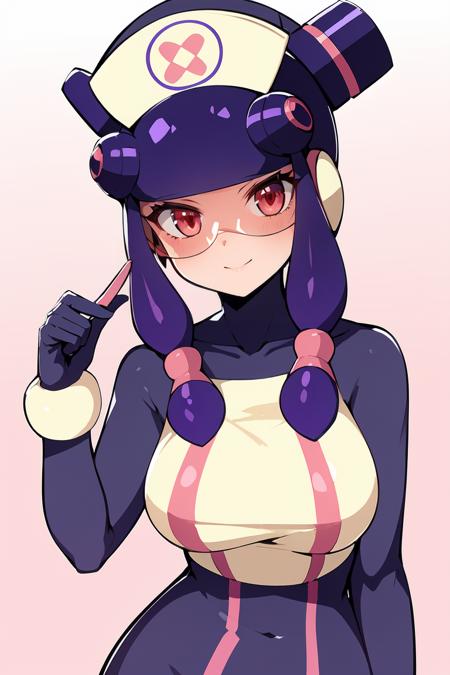 Meddy.Exe,  Netnavi_MM,  purple hair,  nurse cap,  visor,  pink-tinted eyewear,  red eyes,  sidelock,  purple bodysuit,  full body, <lora:EMS-10484-EMS:0.800000>, , <lora:EMS-53386-EMS:0.800000>