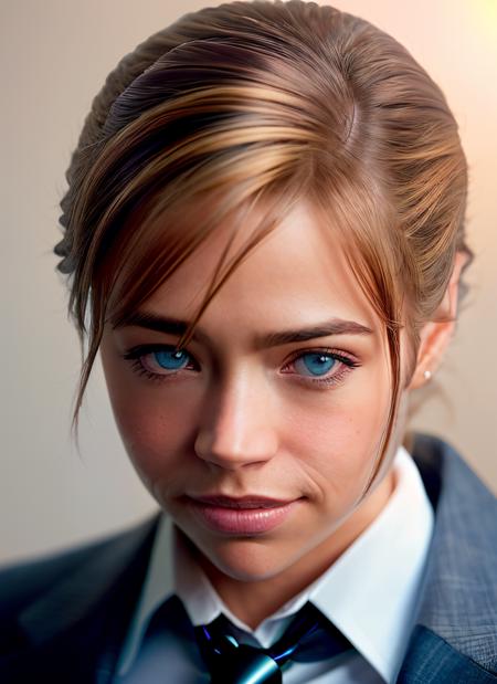 portrait of skswoman, :< , wearing suit , with pink Wispy bangs , background fantasy city epic (photo, studio lighting, hard light, sony a7, 50 mm, matte skin, pores, colors, hyperdetailed, hyperrealistic), <lyco:Denise RichardsV3:1.3>