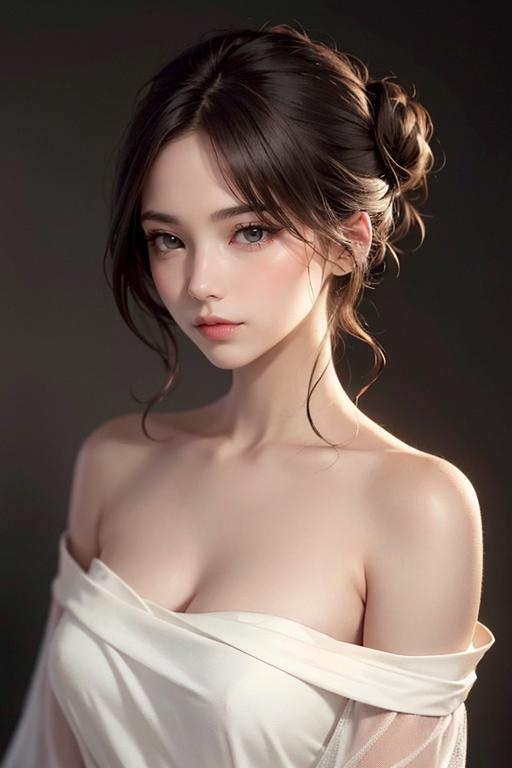 A young woman, feminine, mid-twenties. Dark brown hair tied in a loose, slightly messy bun, with a few strands framing her face. Smooth, pale skin with soft highlights emphasizing her delicate collarbone. Wearing an off-shoulder, light, flowy top, draped naturally over her shoulders. Her expression is serene and introspective, gazing downward, lost in thought. The woman is standing still, gently clutching the edge of her top, her posture slightly tilted forward as if caught in a moment of contemplation. The scene is illuminated by soft ambient morning light, creating a delicate glow around her silhouette. The background is kept dark and minimalist, with soft shadows enhancing the serene mood. Warm tones are subtly present in her skin, blending with the neutral color palette to create an ethereal atmosphere. (photorealistic:1.4), (high-detail:1.3), (soft ambient lighting:1.3), (slightly warm color palette:1.2), (dark minimalist background:1.3), (cinematic composition:1.5), (ultra-quality:1.3), (ethereal atmosphere:1.4)