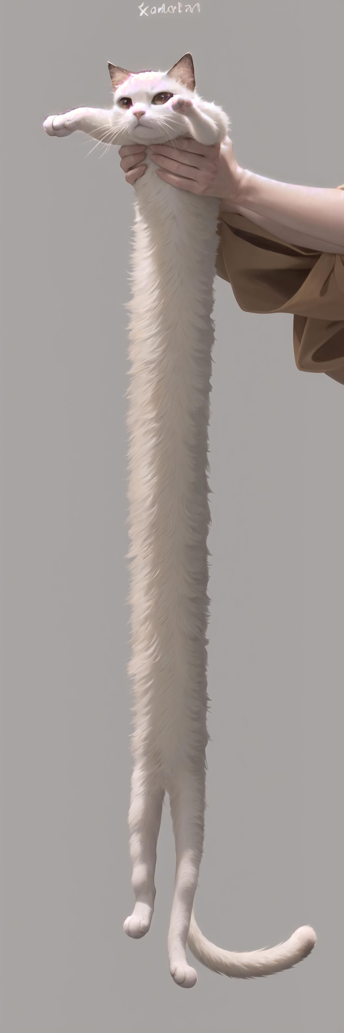 A very long and furry neck of a creature in a gray background.
