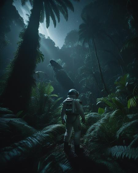 Wide-angle cinematic shot of an astronaut in a prehistoric jungle at night. The scene is lit by soft moonlight filtering through thick, towering ferns and ancient trees. The astronaut, in a futuristic spacesuit, stands motionless, gazing at the sky as distant roars of dinosaurs echo through the dark jungle. The humid air creates a slight haze, and fireflies glow around. Shot with a 35mm lens, the camera captures the deep shadows and highlights with cinematic lighting, giving a sense of awe and mystery. 8K, HDR, highly detailed, photorealistic, cinematic grading.
