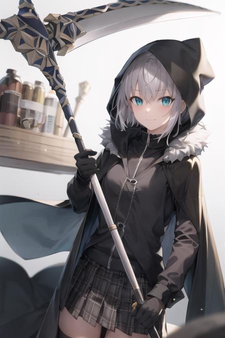 masterpiece, best quality, gurei, holding scythe\(gurei\), 1girl, solo, hood, looking at viewer, blush, hood up, fur trim, short hair, closed mouth, upper body, black ribbon, black cloak, simple background, black cloak, smile, black shirt, black thighhighs, <lora:gurei_v2:0.8>, pleated skirt, plaid skirt, long sleeves, black shirt